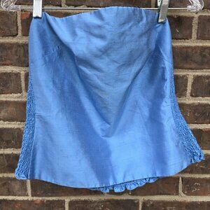 Allen Schwartz Blue Strapless Smocked Blue Silk Top Shirt Sz L Smocked Back